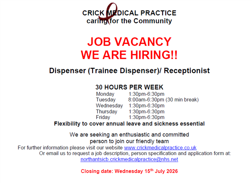 Dispenser/Receptionist Advert June 2026