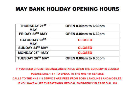 Late May BH Opening Hours 2026