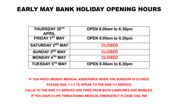Early May Bank Holiday Opening Hours 2026